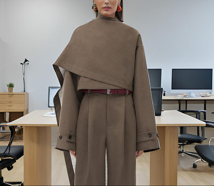asymmetric layered tailored set with cape-style overlay – TAUPE