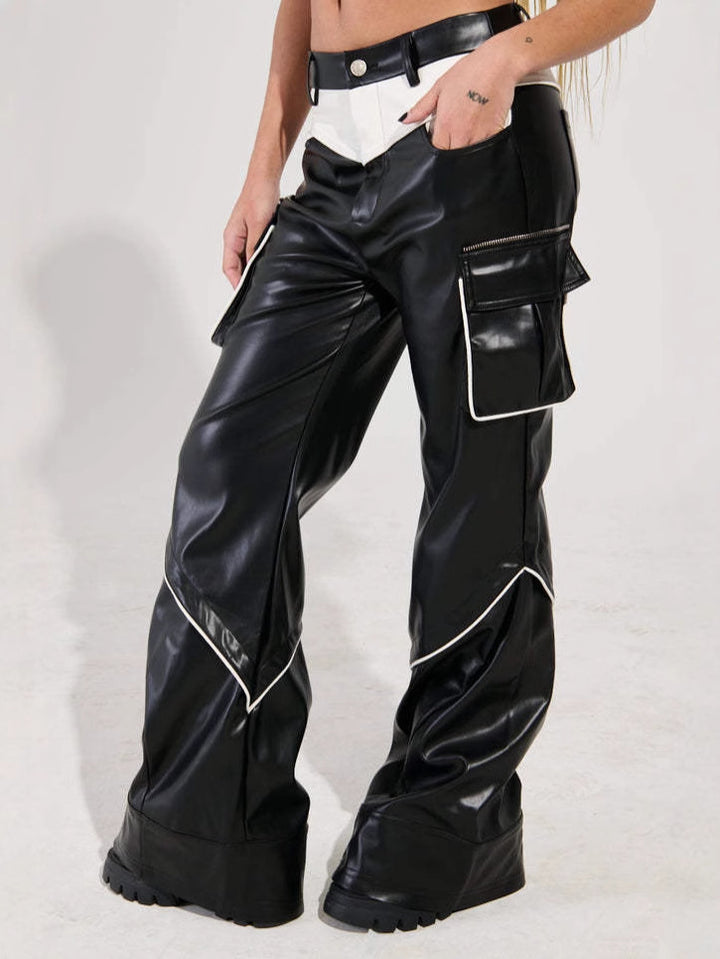 two-tone faux leather cargo pants with contrast yoke - RAVENU