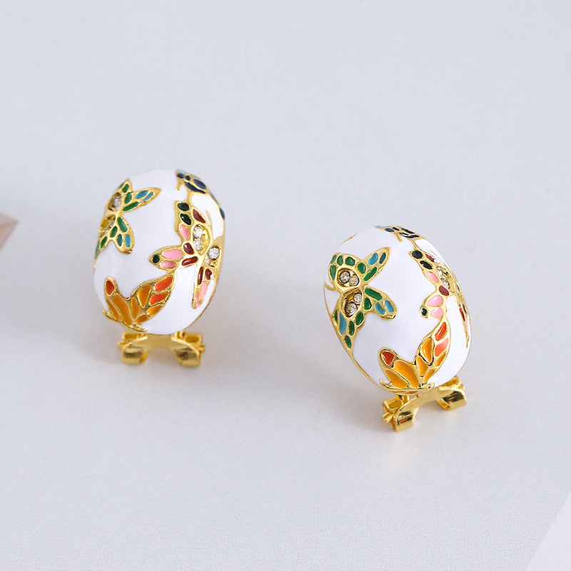 Enameled oval stud earrings with floral butterfly motifs - Alkosdi