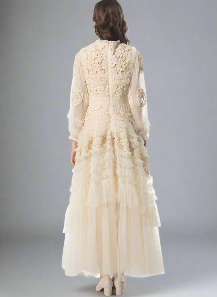 long-sleeve embroidered tulle gown with tiered skirt – ALINA
