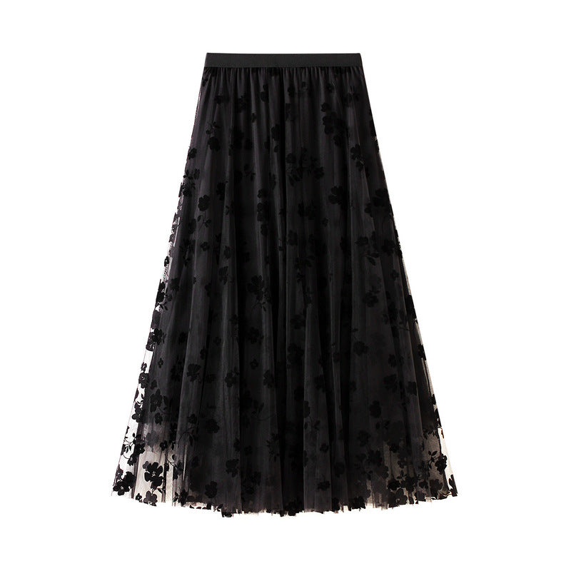 Floral Mesh Maxi Skirt with Elastic Waist – FLOREA