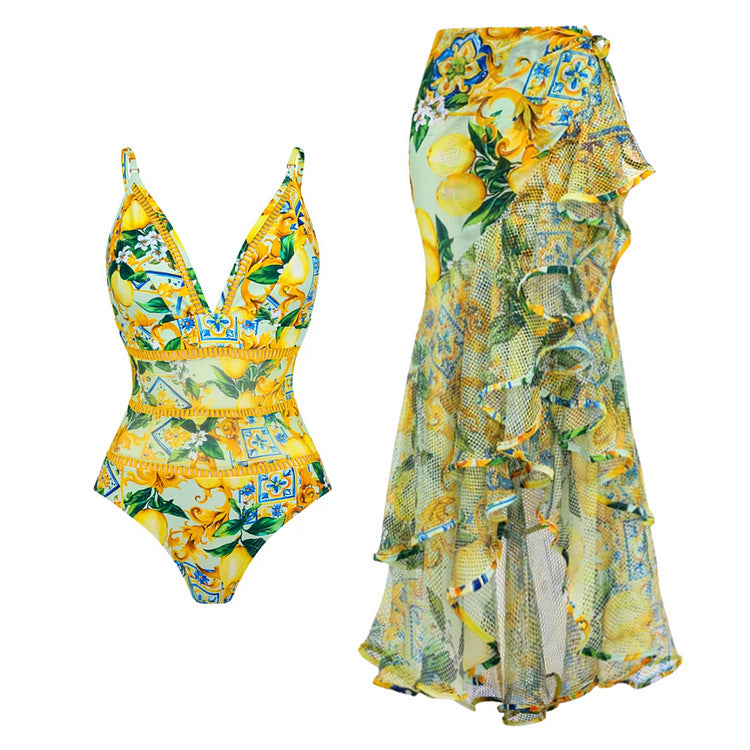 lemon tile print swimsuit with ruffle mesh wrap skirt – SICILIAN