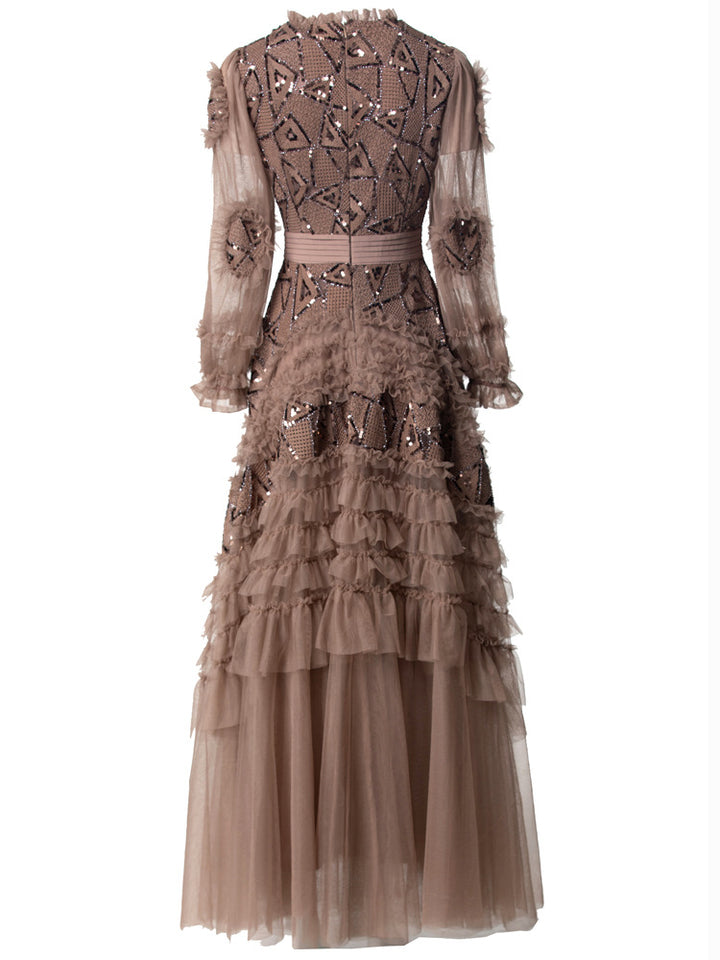 long-sleeve layered gown with tulle and embroidery - IRISWU
