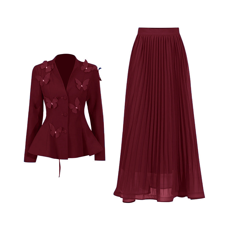 pleated maxi skirt with 3D butterfly blazer – AZURE