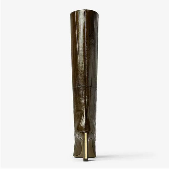 حذاء جلدي كاراميلي يصل إلى الركبة بكعب منحني – سيينا