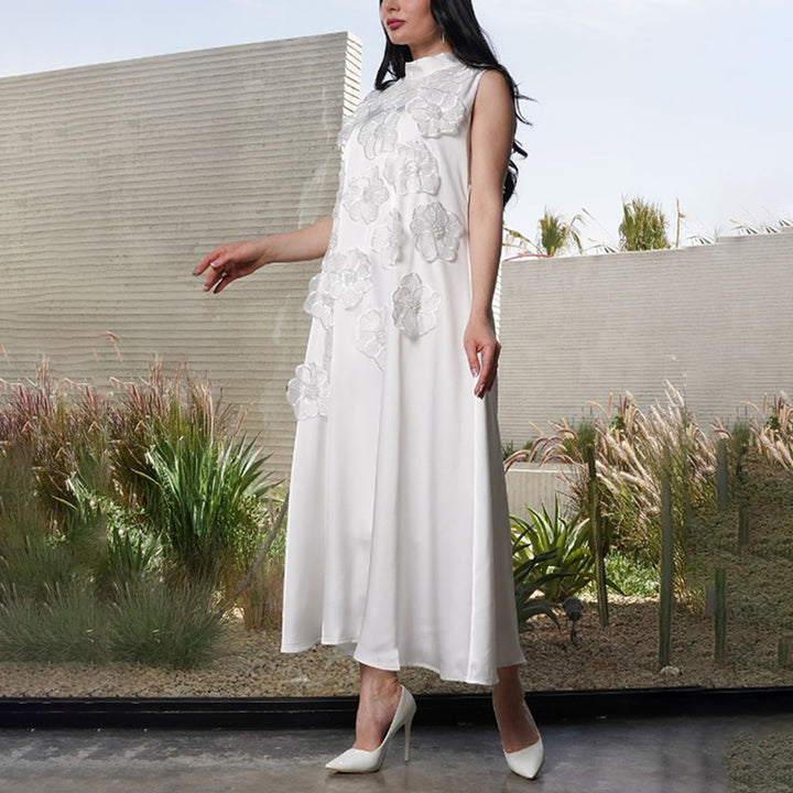 sleeveless A-line maxi dress with 3D floral appliqués – BLOSSOM