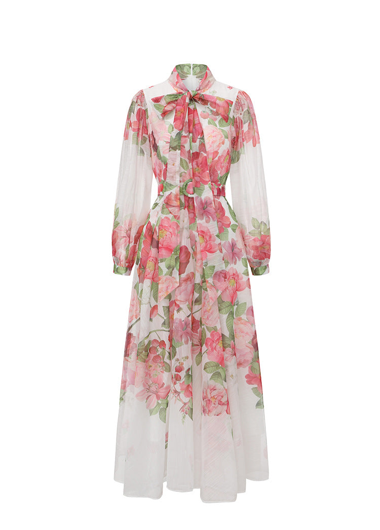 long sleeve floral chiffon dress with neck tie and belted waist – BLOSSOM