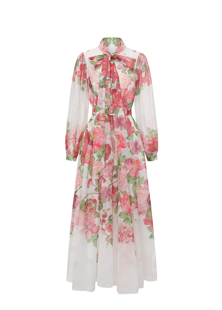 long sleeve floral chiffon dress with neck tie and belted waist – BLOSSOM