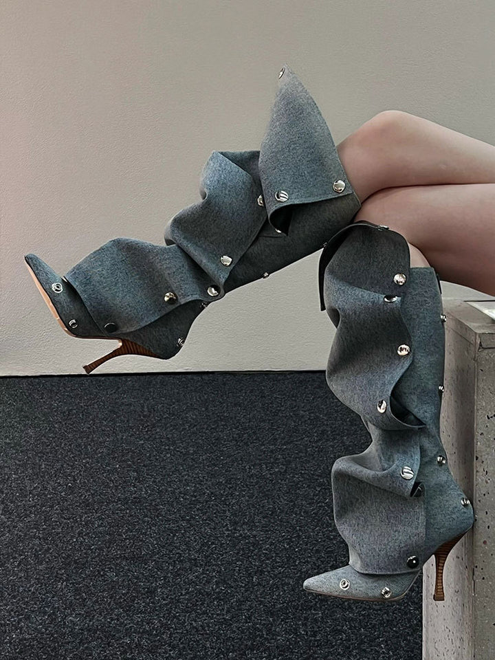 ruffled knee-high boots with metallic snap accents - Eenakshi