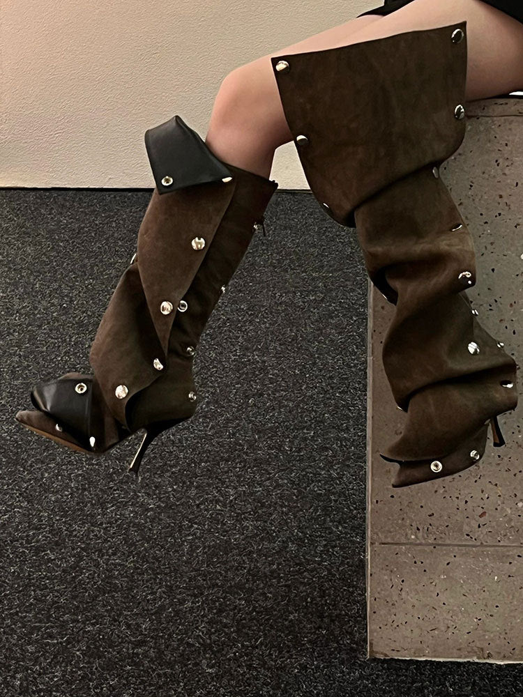 ruffled knee-high boots with metallic snap accents - Eenakshi