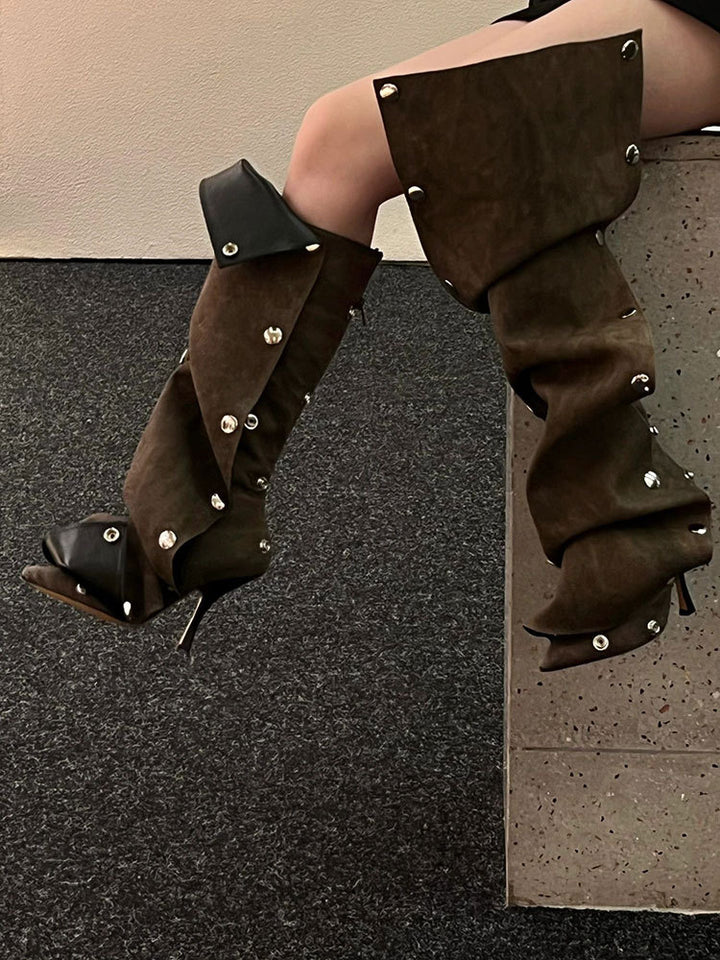 ruffled knee-high boots with metallic snap accents - Eenakshi