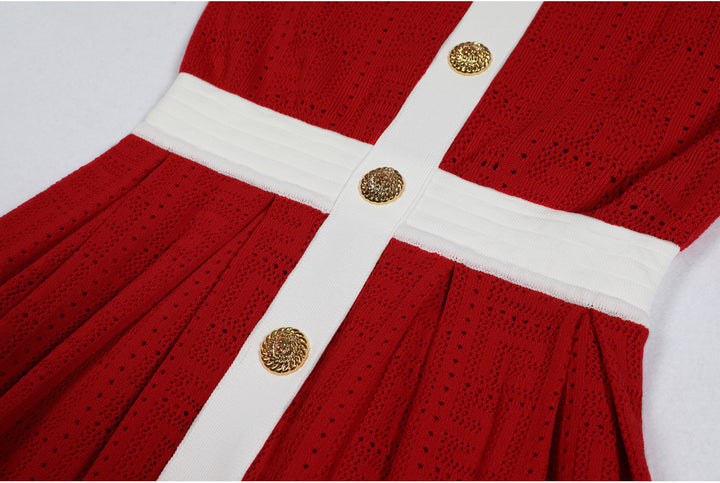 sleeveless A-line knit dress with contrast trim and gold buttons – MARINLA