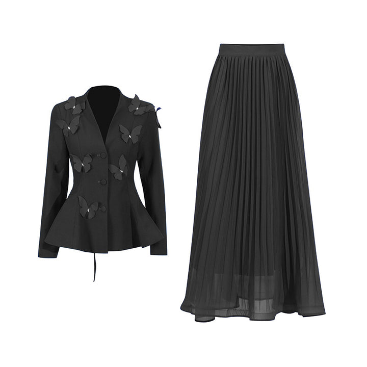 pleated maxi skirt with 3D butterfly blazer – AZURE
