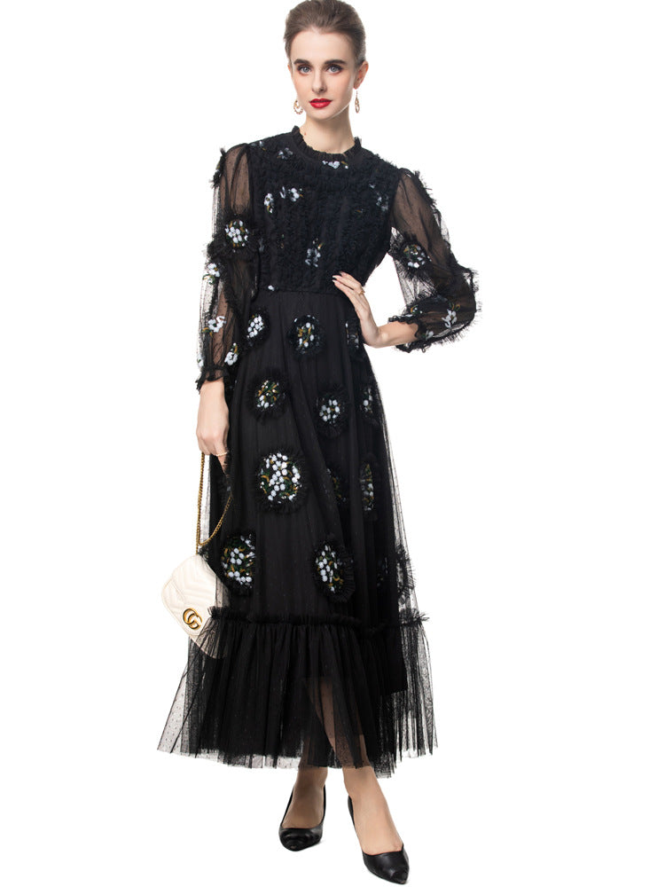 embellished tulle gown with sheer sleeves and crystal appliqués – MIDNIGHT