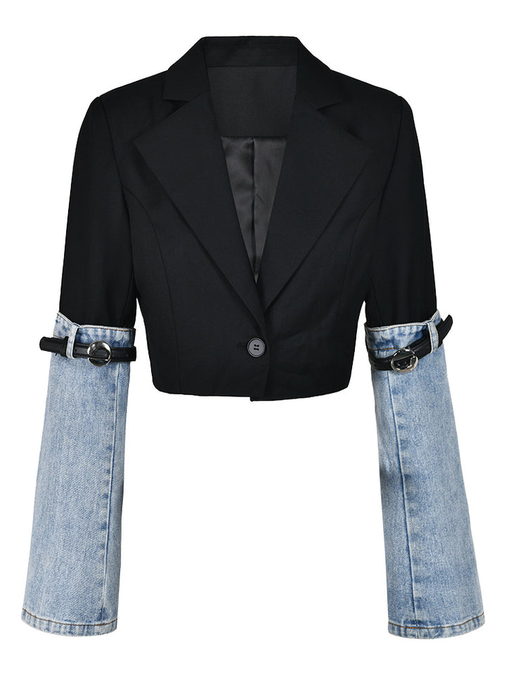 cropped contrast blazer with denim sleeves – Tamieka