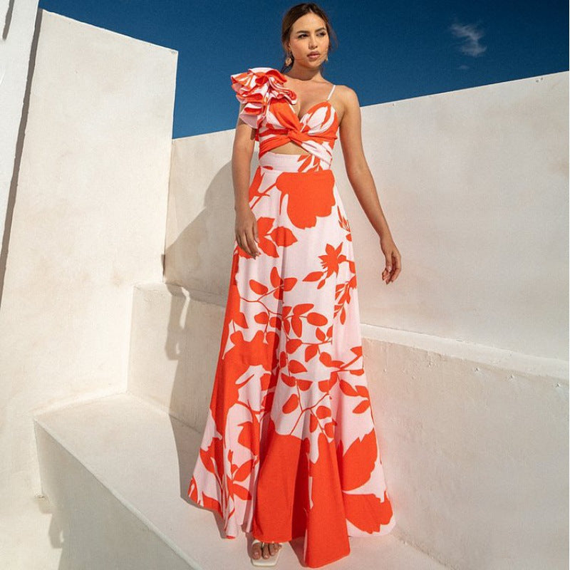 floral cut-out one-piece with maxi skirt – CORAL