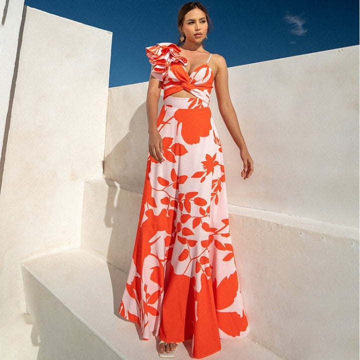 floral cut-out one-piece with maxi skirt – CORAL