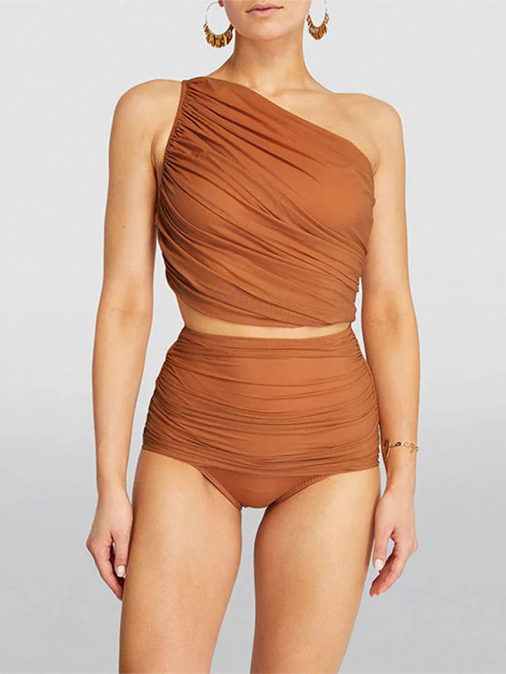 ruched one-shoulder bikini set with printed wrap sarong – DESERT