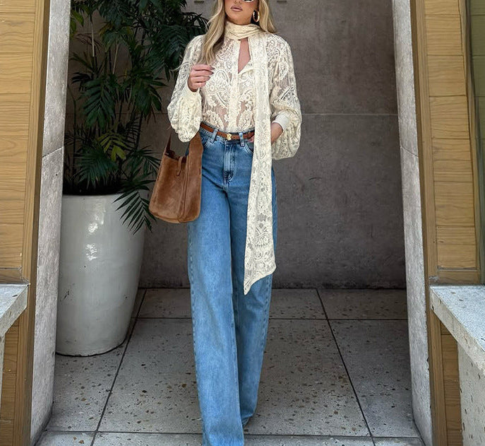 lace blouse with long scarf tie – AMORE