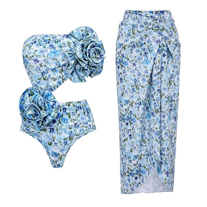 floral rose-detail strapless swimsuit with wrap maxi skirt – BLUE