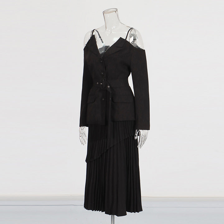 Off-shoulder belted blazer with pleated skirt - Atiju