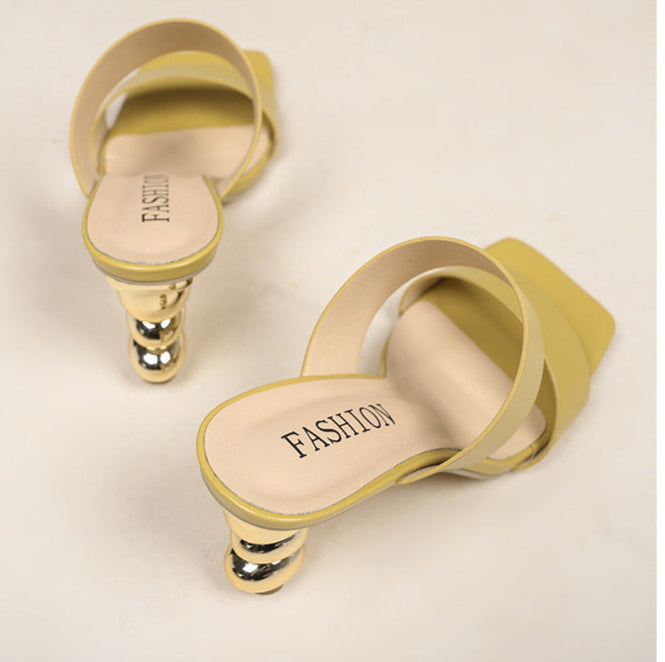 double strap mule sandals with sculpted metallic heel - FIORAZU