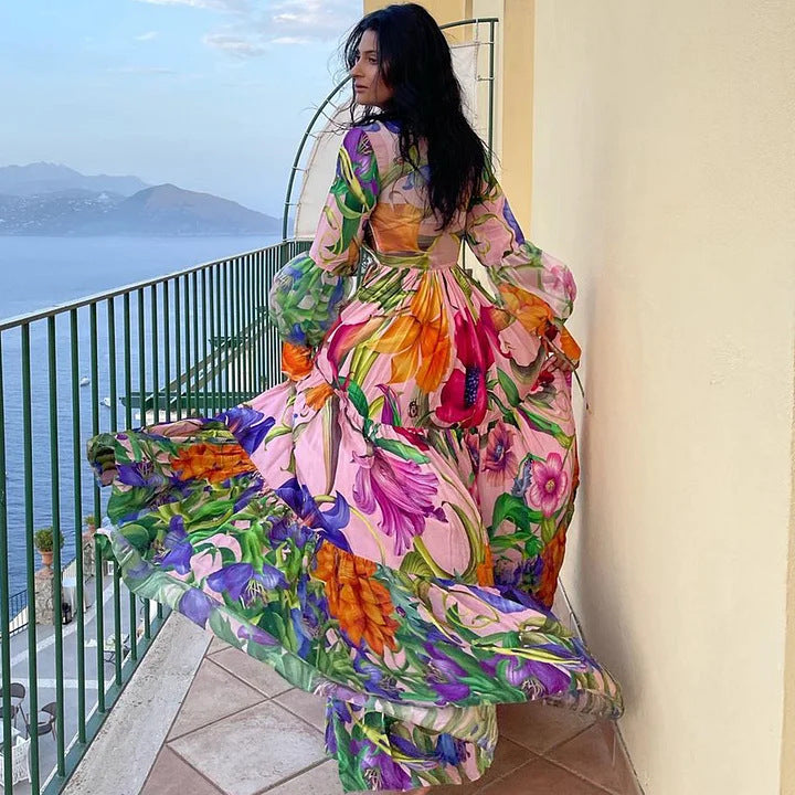 tropical sheer sleeve bodysuit with tiered maxi skirt – FLORELLA