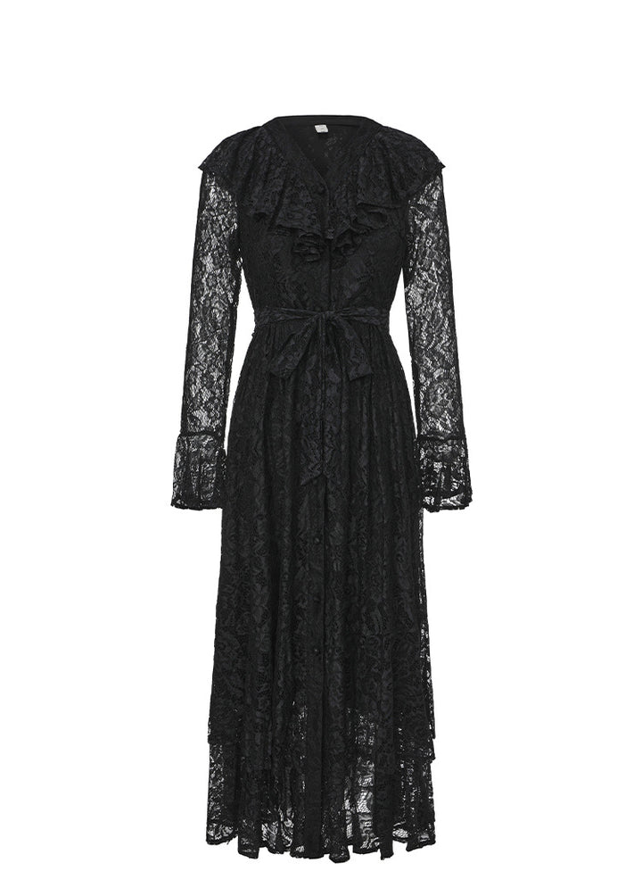 lace midi dress with ruffle neckline and waist tie – RUBY