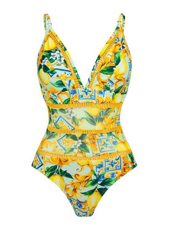 lemon tile print swimsuit with ruffle mesh wrap skirt – SICILIAN