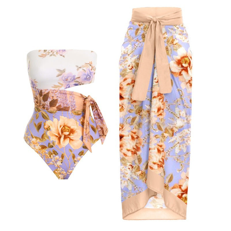 strapless floral one-piece swimsuit with wrap sarong – AZURA