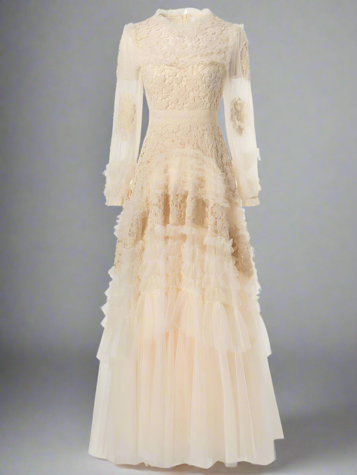 long-sleeve embroidered tulle gown with tiered skirt – ALINA