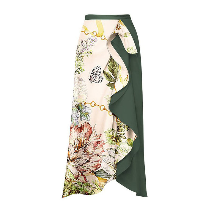 ruffle floral bikini with asymmetric wrap skirt – EMERALD