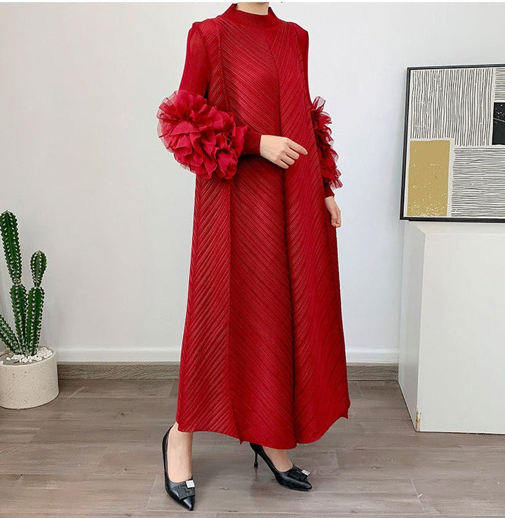 pleated maxi dress with floral cuff sleeves – Volen