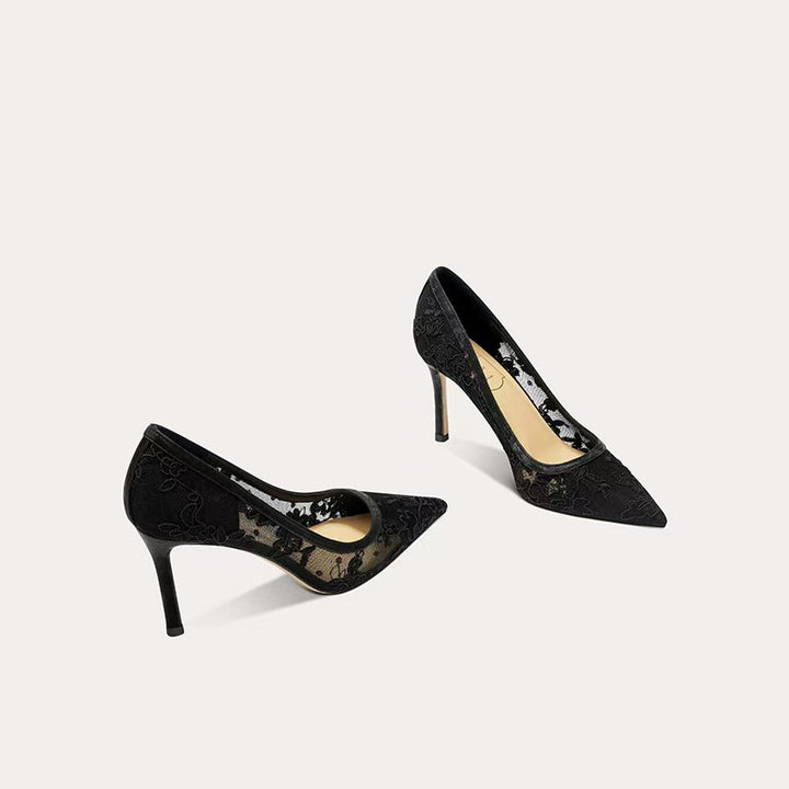 lace mesh stiletto pumps with floral embroidery – SERENAQIZ
