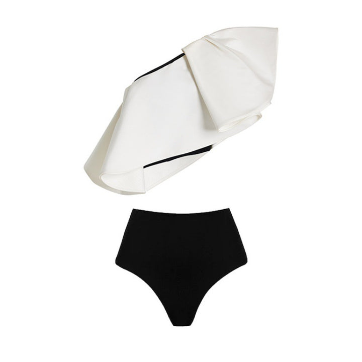 off-shoulder contrast swimsuit with polka dot wrap skirt – POLKA