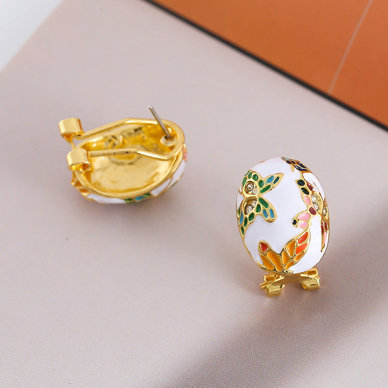 Enameled oval stud earrings with floral butterfly motifs - Alkosdi