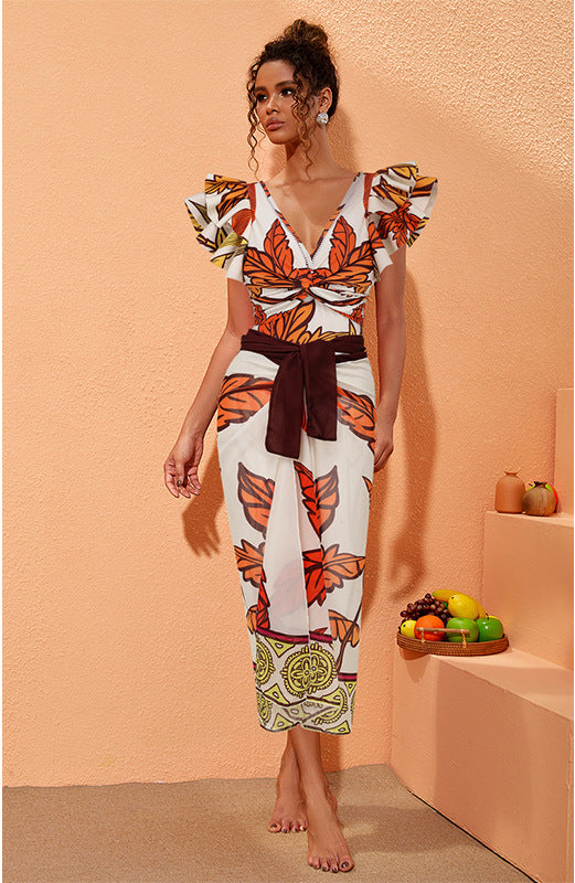 ruffle sleeve twist-front swimsuit with printed wrap sarong set – AUTUMN