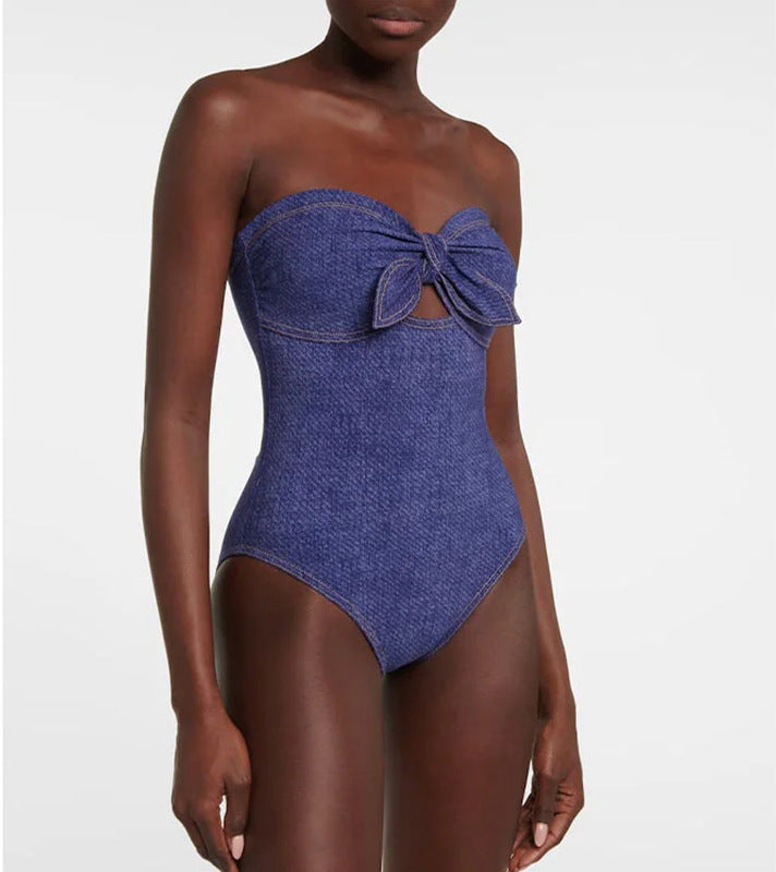 bow-front strapless one-piece with striped wrap skirt – RIVIERA