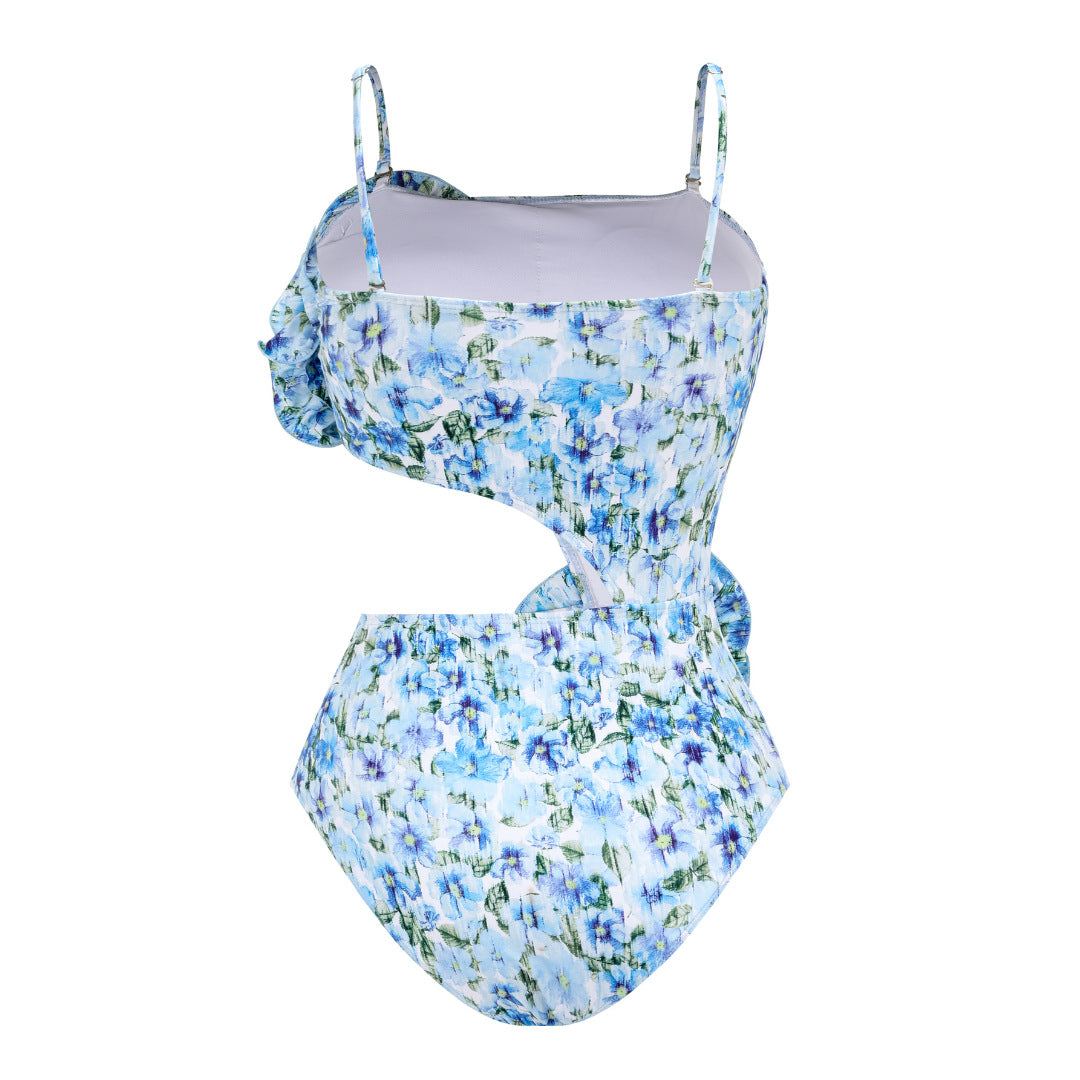 floral rose-detail strapless swimsuit with wrap maxi skirt – BLUE