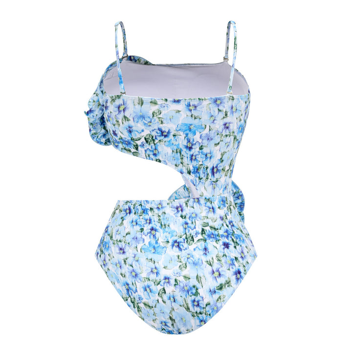 floral rose-detail strapless swimsuit with wrap maxi skirt – BLUE