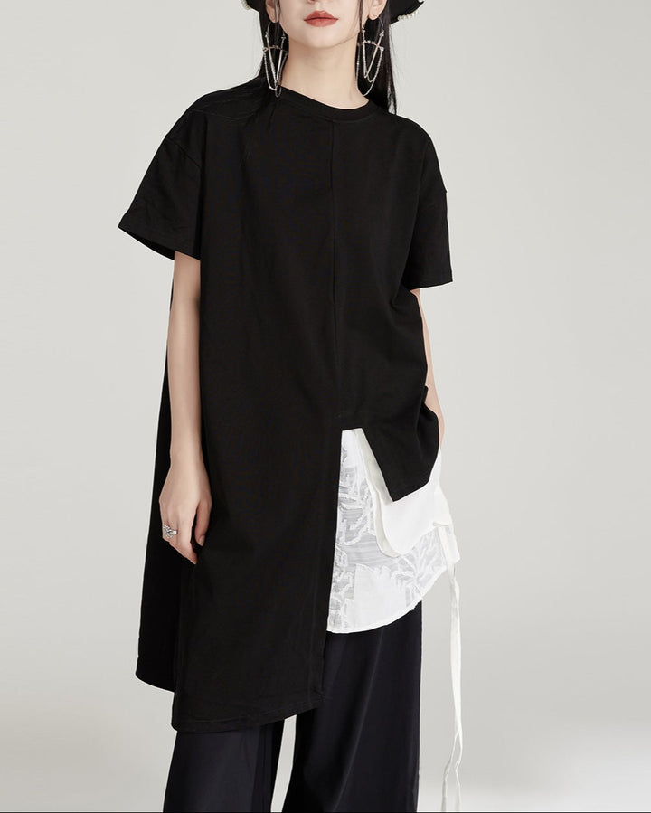 asymmetrical layered T-shirt with chiffon side panel - MAIAZ
