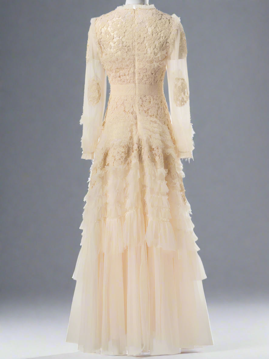long-sleeve embroidered tulle gown with tiered skirt – ALINA