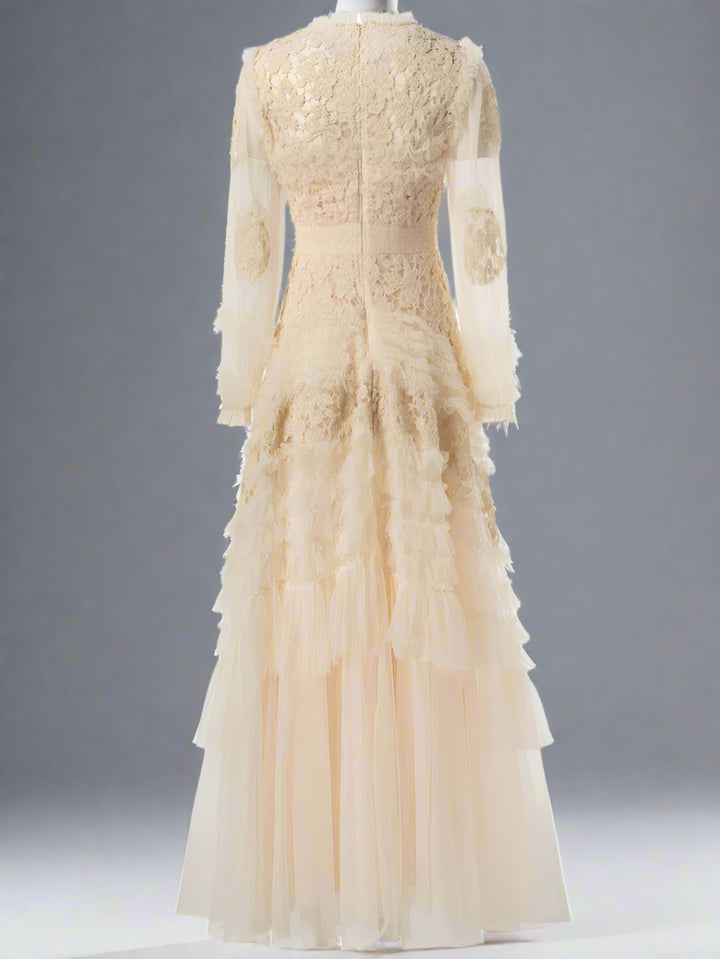long-sleeve embroidered tulle gown with tiered skirt – ALINA