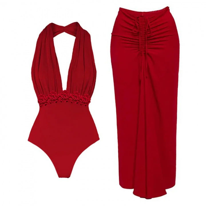 deep plunge halter one-piece with ruched maxi skirt – SCARLET