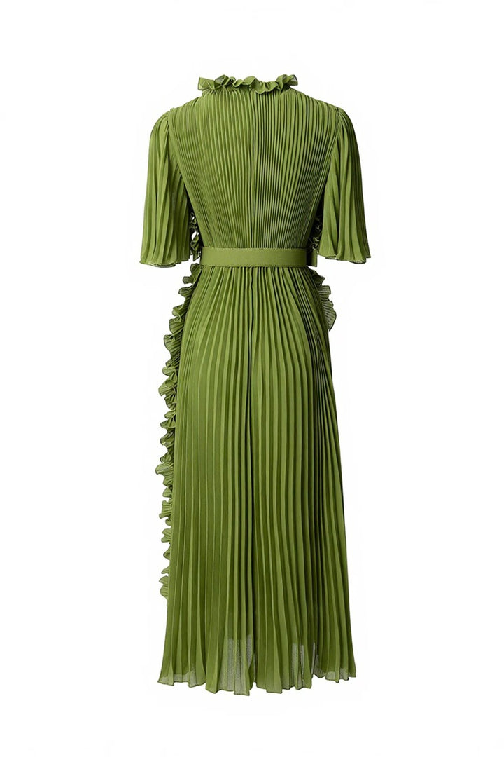 Pleated ruffle-trim maxi dress with belt – VERDENA