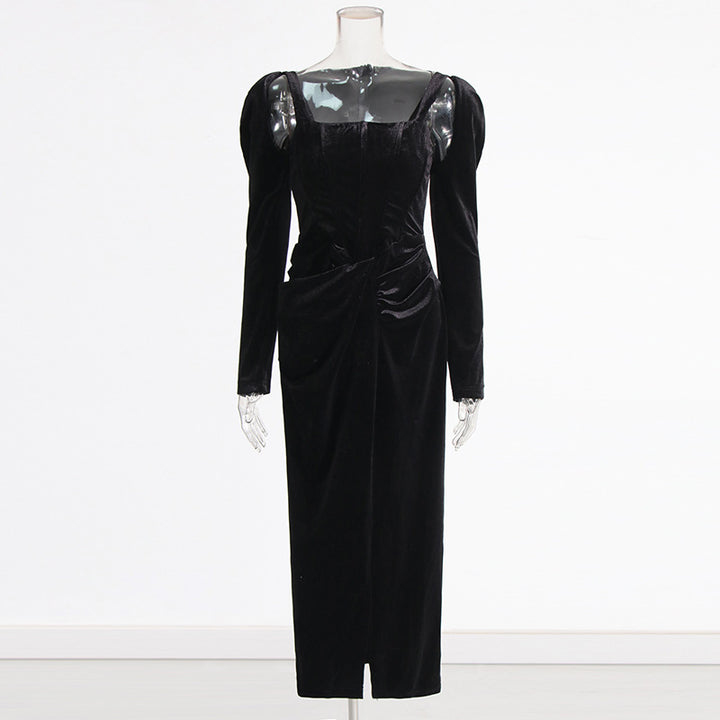 square-neck velvet midi dress with draped waist – ELEGANCE