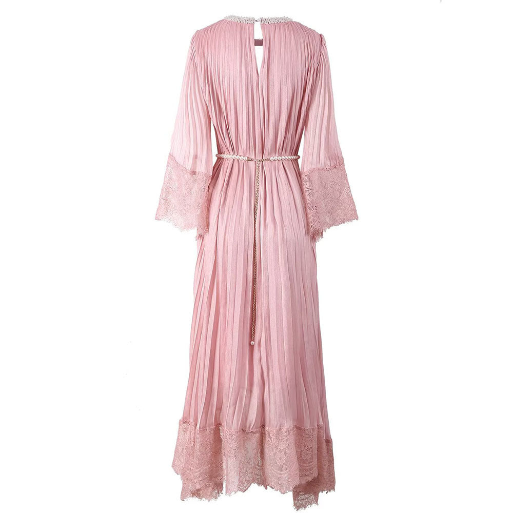 Pleated Maxi Dress with Lace Trim and Pearl Belt – BLUSHERA