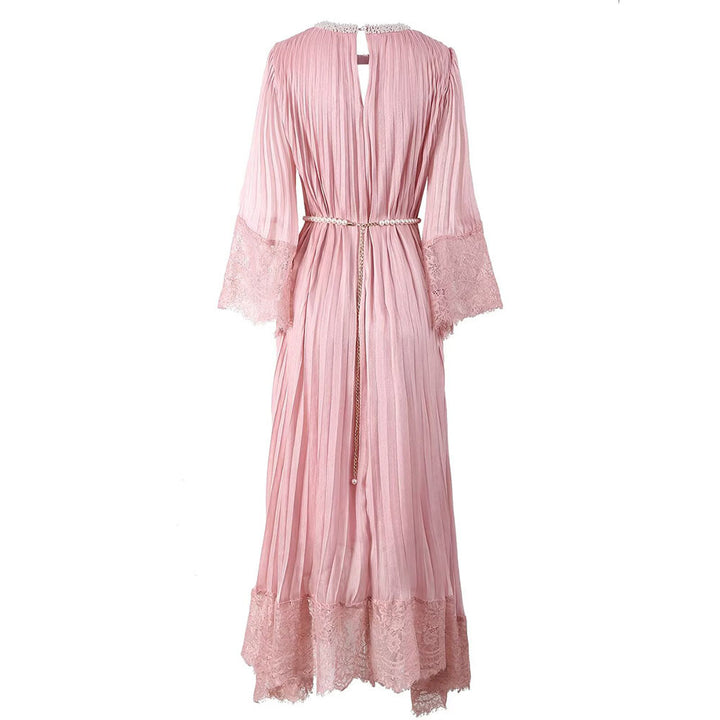 Pleated Maxi Dress with Lace Trim and Pearl Belt – BLUSHERA
