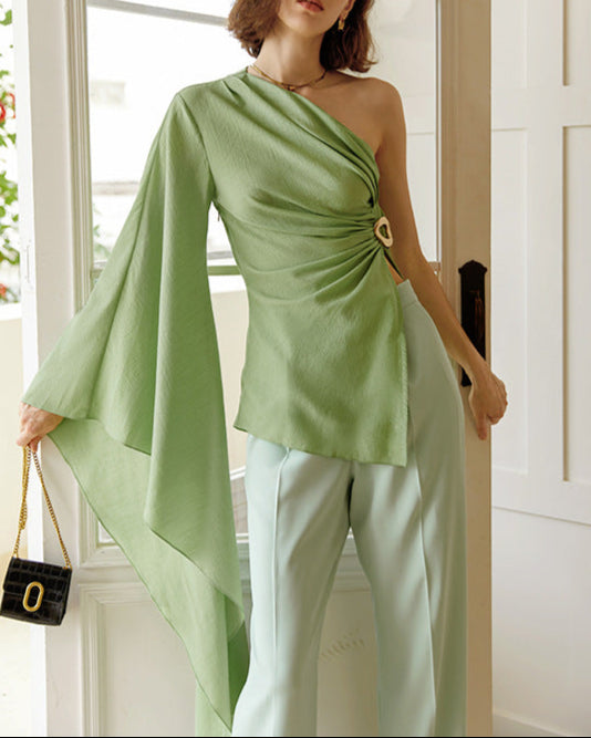 One-shoulder wrap top with gold ring detail - Omudi