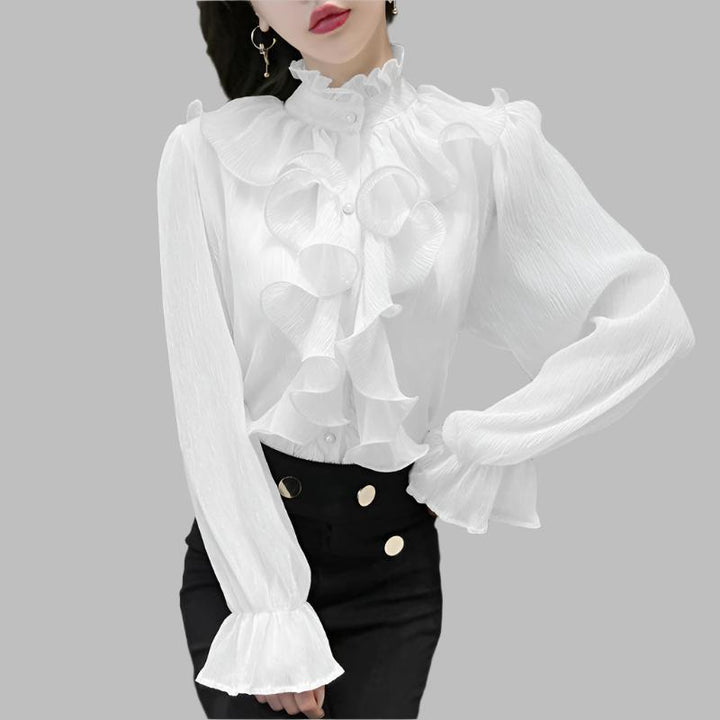 long sleeve ruffled chiffon blouse with stand collar – Tauret